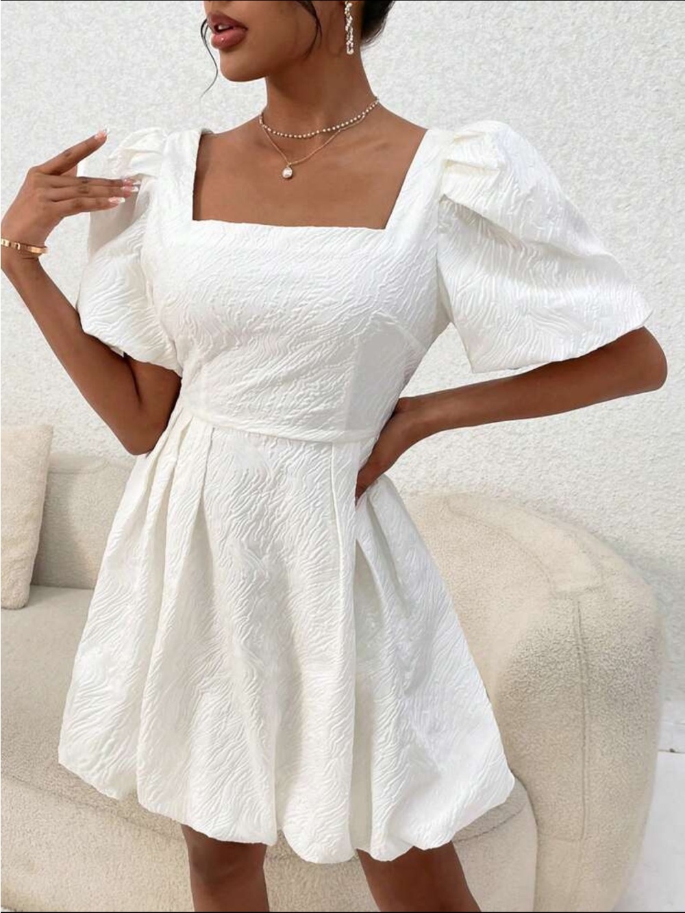 SHEIN White Textured Mini Dress with Puff Sleeves - Picture 5 of 5